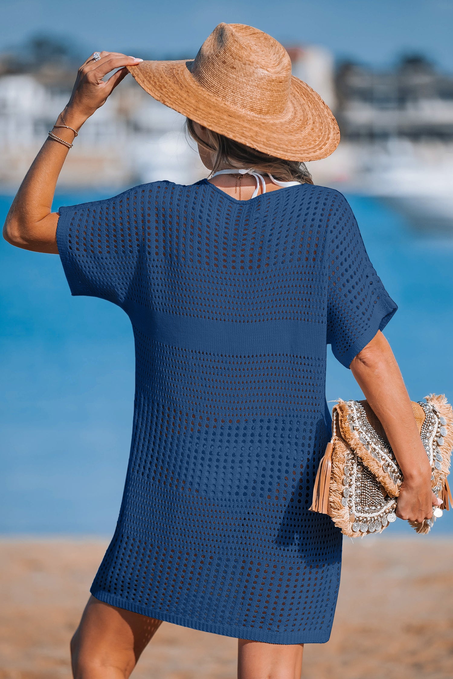 Robe cover up courte bleue manches courtes
